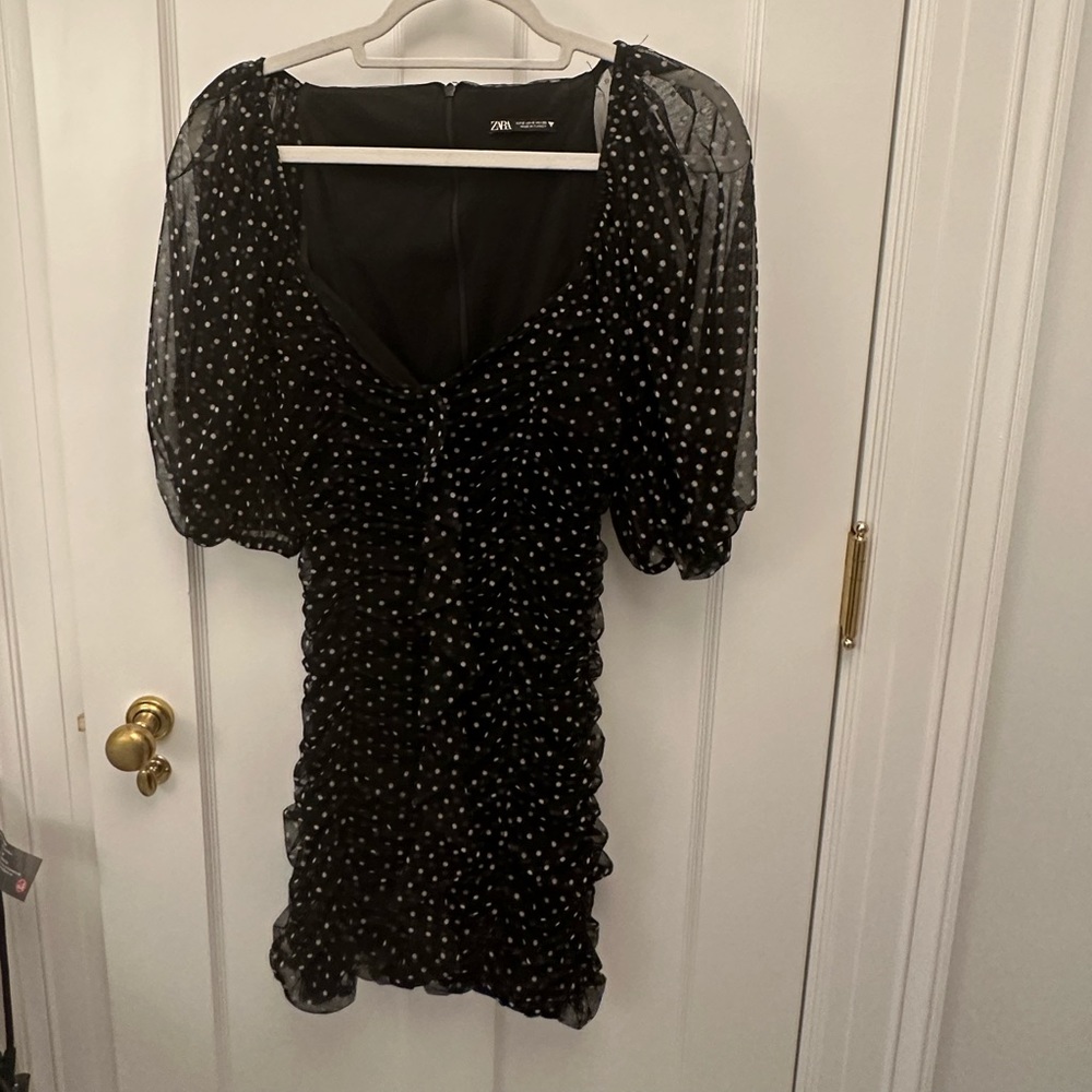 Zara Ruched Puff Sleeve Polka Dot dress
